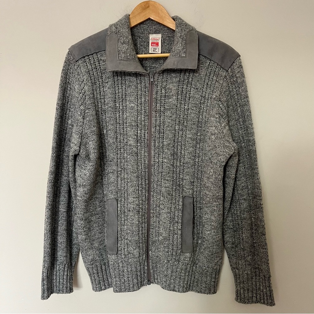 Vintage St. Michael Made in UK Knit Cardigan with Suede Trim Grey Men’s L/XL